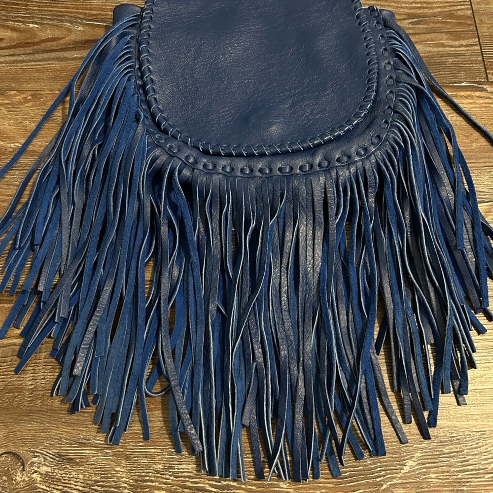 Jennifer Haley Fringe Leather Clutch in Royal Blue, like new, smoke & pet free